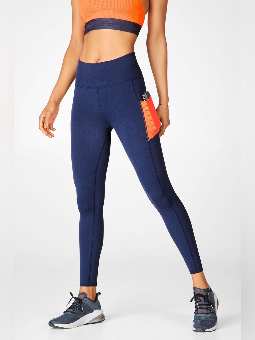 Fabletics SculptKnit High-Waisted Legging Aegean/Orange Fizz Size XSmall